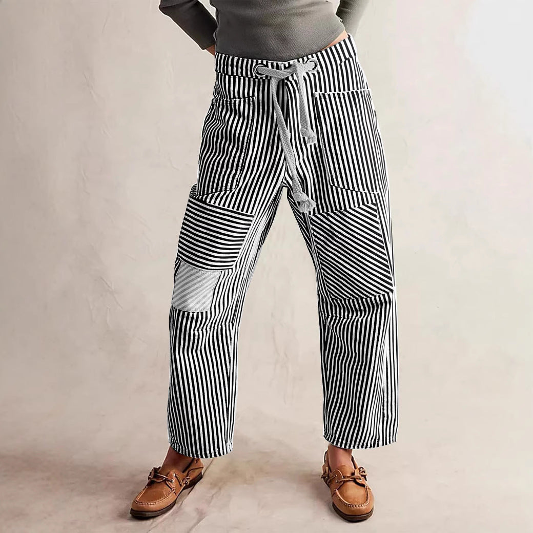Mid Waist Office Casual Loose Wide Leg Striped Stitching Drawstring Pocket Trousers