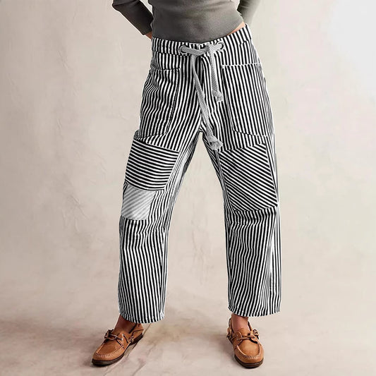 Mid Waist Office Casual Loose Wide Leg Striped Stitching Drawstring Pocket Trousers