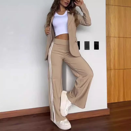 Autumn Winter Women Casual Polo Collar Suit Wide Leg Pants Two Piece Suit