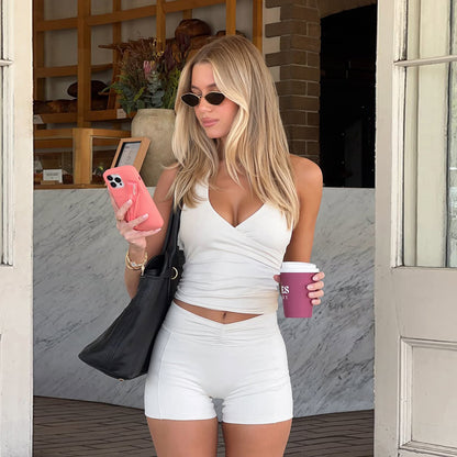 Casual Sexy Solid Color Halter Beauty Back Yoga Clothes Workout Shorts Two Piece Sets - Wanita Store