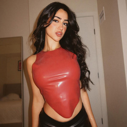 Women Clothing Leather Simple Sexy round Neck Sleeveless Irregular Asymmetric Hem Top Small Vest for Women - Wanita Store