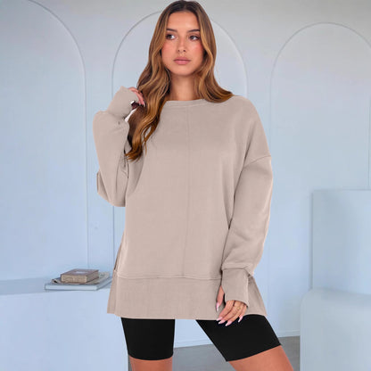 Code Casual round Neck Pullover Solid Color Loose Sports Long Sleeve Sweatshirt Tops - Wanita Store