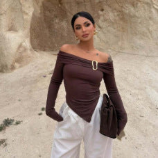 Arrival Slim Fit Slimming Solid Color T shirt Sexy off the Shoulder Metal Accessories Long Sleeve T shirt