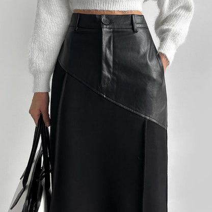 Women Clothing Retro Faux Leather Stitching Design Half Length Skirt Women Wild High Waist Slit Hip Skirt - Wanita Store