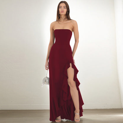 Women Clothing Summer Solid Color Sexy Split Maxi Dress Tube Top Dress Women - Wanita Store