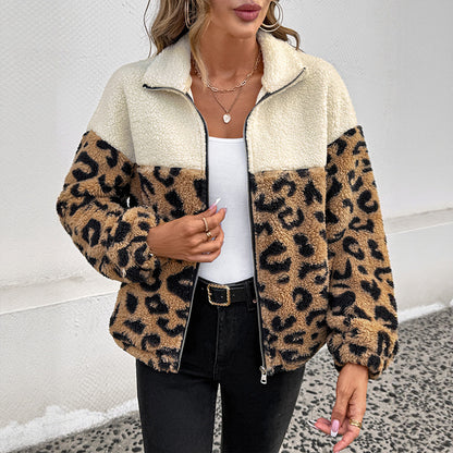 Women Clothing Woolen Jacket Long Sleeved Autumn Winter Leopard Print Wool Warm Polo Collar Top - Wanita Store