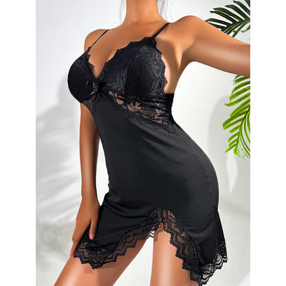 Sexy Seduction Sexy Lingerie Lace Stitching Pajamas Dress T Back Two Piece Suit