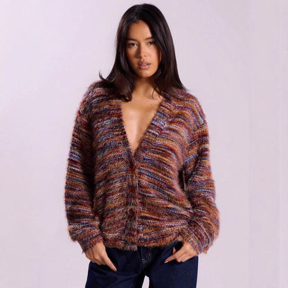 Retro Deep V Plunge neck Design Maillard Plush Long Sleeve Cardigan - Wanita Store