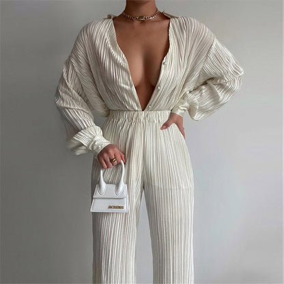 Summer Sexy Suit Women Clothing Pleated Long Sleeve V neck Shirt Casual Pants Two Piece Set - Wanita Store