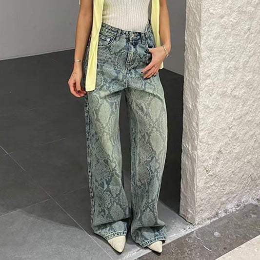 Casual Street Snake Print Jeans Women Autumn High Waist Slimming Washed Drooping Straight Pants