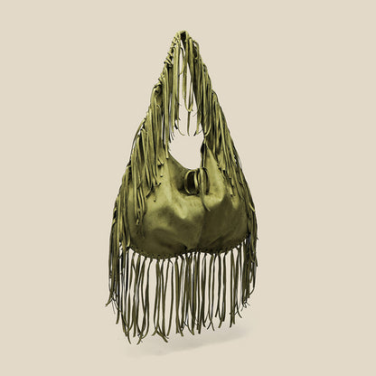 Tassel Large Capacity Tote Crescent Trendy One Shoulder Women Bag Casual Simple Crossbody Suede Retro Dumpling Bag - Wanita Store