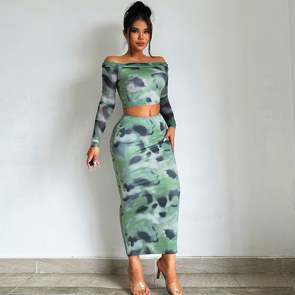 Autumn Winter Long Sleeve off Neck T shirt Slim Fit Sheath Skirt Set Women - Wanita Store