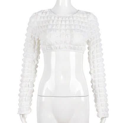 Hollow Out Cutout Bubble Cropped Long Sleeve off-Shoulder Top Sexy T shirt - Wanita Store