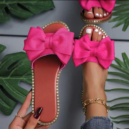 Arrival Flat Bottom Rhinestone Bowknot Slippers Women Outer Wear Solid Color Lightweight Cloth Sandals - Wanita Store
