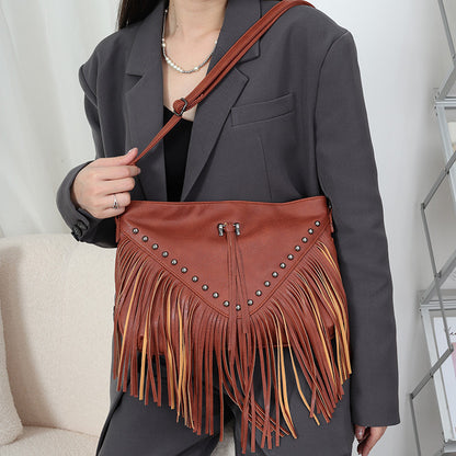 Rivets Soft Leather Fashionable Casual Rivet Tassel Bag Shoulder Crossbody Bag Women Bag - Wanita Store