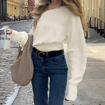 Gentle Diagonal Collar Loose Drawstring Slim Fit Solid Color Sweater Sexy Strapless All Matching Short Top - Wanita Store