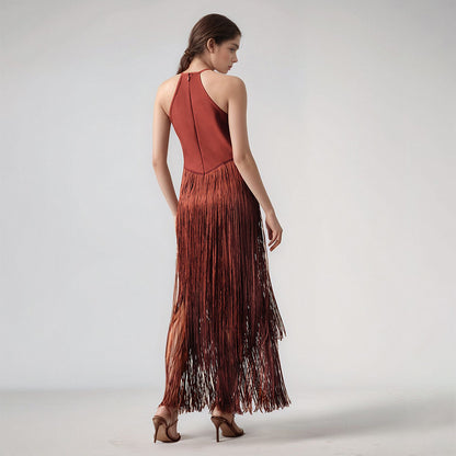 Design Tassel Sleeveless Waist Tight Bandage One Piece Dress Ladies Party Stage Performance Dress Women Clothing - Wanita Store