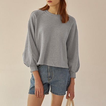Autumn Winter Hoodie Loose Short Lantern Sleeve Stitching Pure Cotton French Casual Pullover Women Clothing - Wanita Store