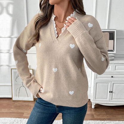 Heart Printing Autumn Winter Sweater Stand Collar Stitching Lace All Matching Pullover Knitwear - Wanita Store