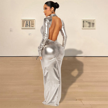 Autumn Winter Metallic Sexy Backless Skinny Slimming Slim Dress Women Metallic Coated Fabric Dress - Wanita Store
