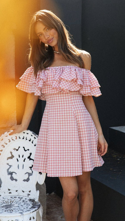 Women Clothing New Plaid off-Shoulder Ruffled Collar Show Fashion Dress - Wanita Store