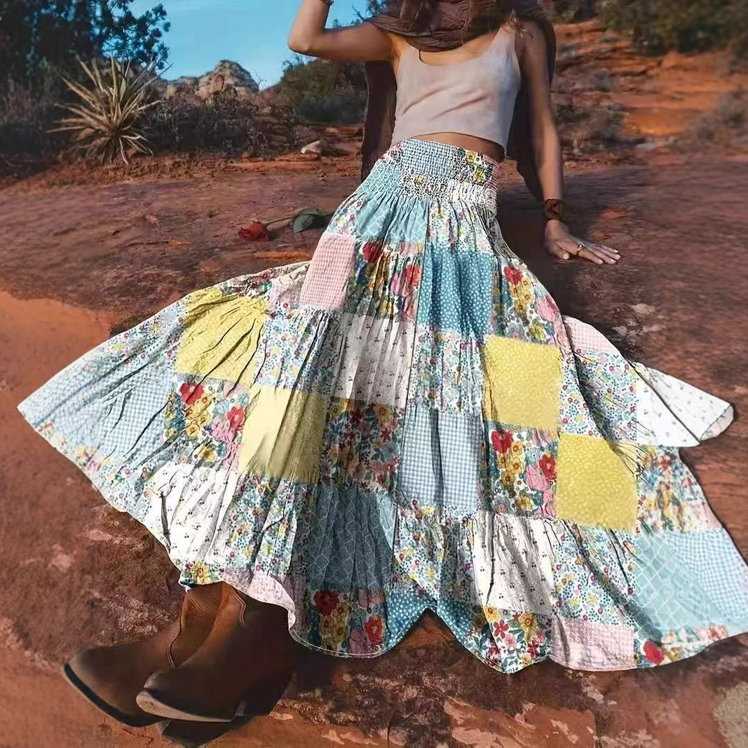 Printed Stitching Women Clothing Popular Floral Skirt Long Skirt