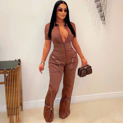Sexy Summer Zipper Workwear with Pocket Jumpsuit - Wanita Store