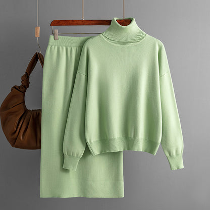 Solid Color Turtleneck Sweater Sheath Skirt Two Piece Set Autumn Winter Knitting Suit Women - Wanita Store
