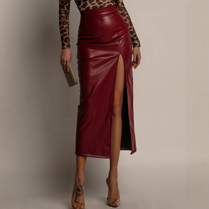 Leather Split Skirt Women Clothing High Waist Figure Flattering Sheath Leather Skirt Solid Color Skirt - Wanita Store
