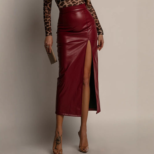 Leather Split Skirt Women Clothing High Waist Figure Flattering Sheath Leather Skirt Solid Color Skirt