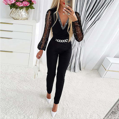 Autumn Women Clothing Solid Color V neck Long Sleeve Rhinestone High Waist Professional Casual Jumpsuit - Wanita Store