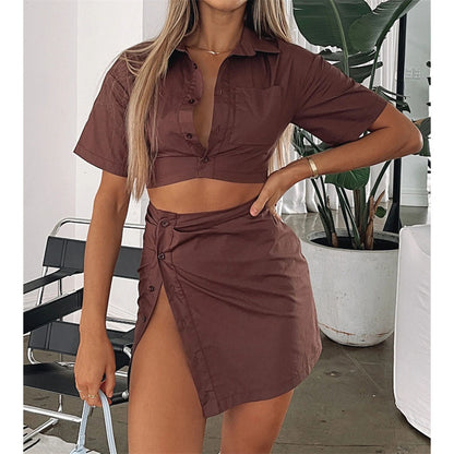 Spring Summer Two Piece Set Sexy Collared High Waist Short Sleeve Shirt Outfit - Wanita Store