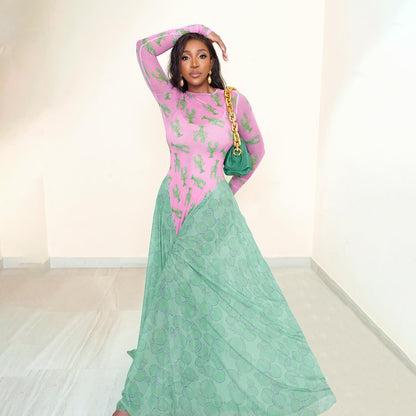 Autumn Retro Women Mesh round Neck Contrast Color Loose Waist Controlled Long Sleeves Printing Dress - Wanita Store