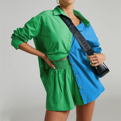 Spring Summer Two Piece Set Solid Color Single Breasted Long Sleeve Collared Shirt Shorts Loose Casual Set - Wanita Store