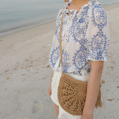 Crossbody Bag Women Handmade Straw Bag Shoulder Tassel Crochet Woven Bag Vacation Beach Bag - Wanita Store