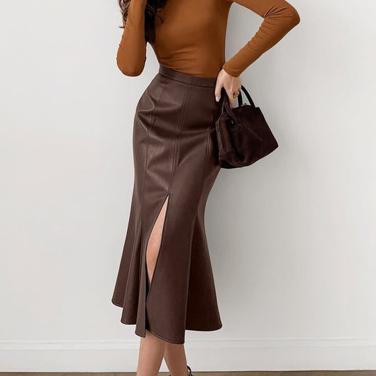 French Fishtail Leather Skirt Women Autumn Winter High Waist Slimming Slit Package Hip Skirt Mid Length Textured Women Clothing