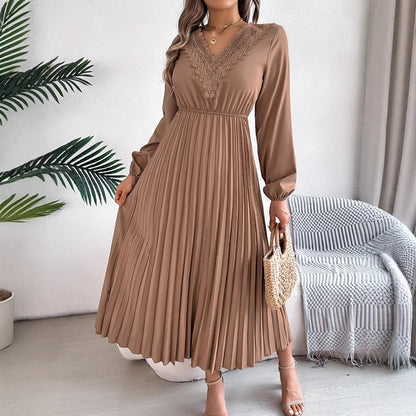 Spring Summer Elegant V neck Lace Cinched Pleated Maxi Dress Women Clothing - Wanita Store