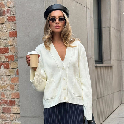 Loose Knitted Cardigan Sweater Autumn Winter V neck Knitted Cardigan Idle Loose Sweater Women - Wanita Store