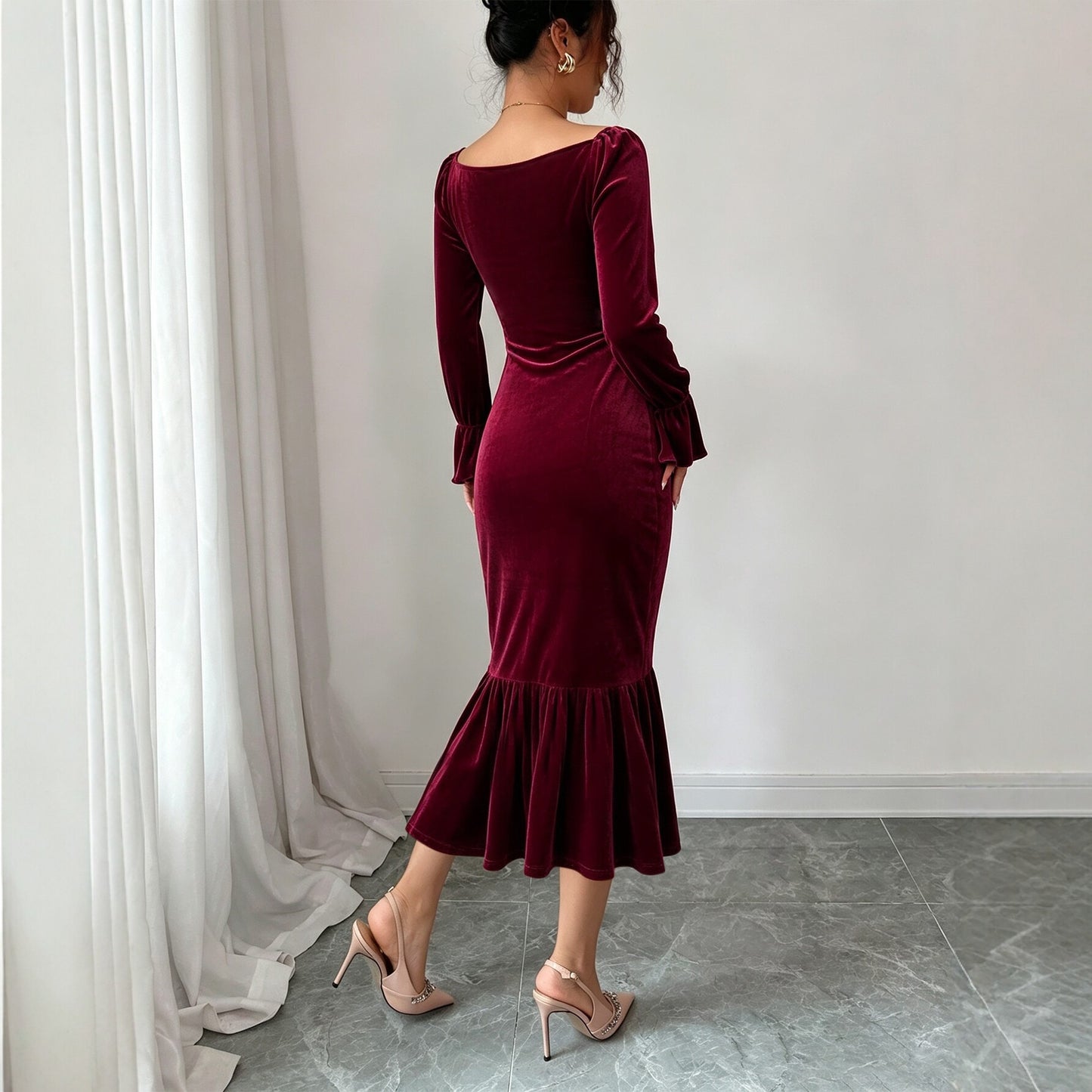 Women Clothing Velvet V neck Dress Autumn Winter Waist Slimming Irregular Asymmetric Fishtail Hip Wrapped Mid Length Dress