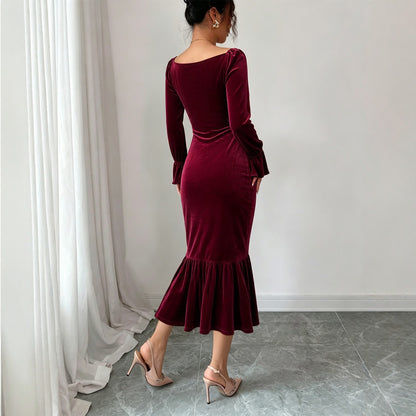 Robe femme en velours à col en V, automne hiver, amincissante, asymétrique, coupe sirène, mi-longue et moulante.