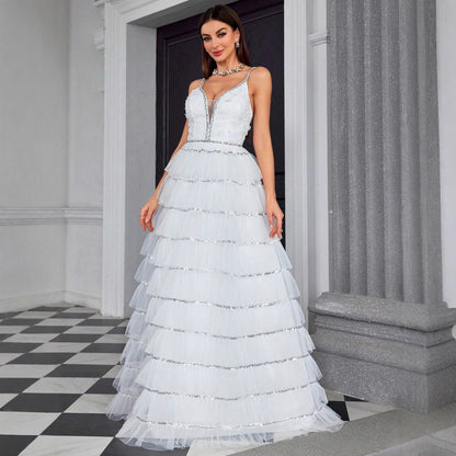 Suspender V neck Evening Dress Tube Top Dress Layered Women Dress - Wanita Store