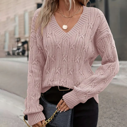 Women Clothing Autumn Winter V neck Sweater Women Twist Thread Solid Color Sweater Loose Top - Wanita Store