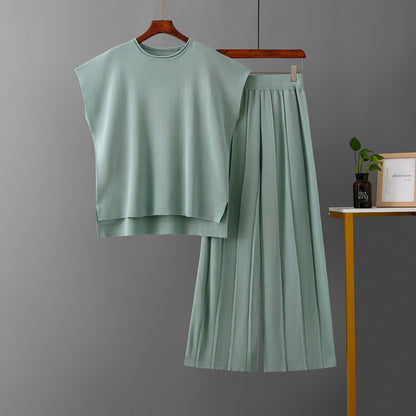 Casual Women Summer Solid Color Sleeveless Vest Sweater Wide Leg Pants Ice Silk Sets - Wanita Store