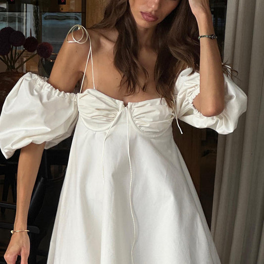 Sexy Low Cut off Neck Bubble Sleeve Tube Top Dress Sexy Backless White Cami Dress
