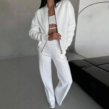 Autumn Winter Women Casual Zipper Jacket Wide Leg Pants Two Piece Set - Wanita Store
