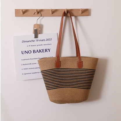 Simple Shoulder Straw Bag Woven Bag Summer Large Capacity Casual All Match Women Seaside Beach Rattan Woven Bag - Wanita Store