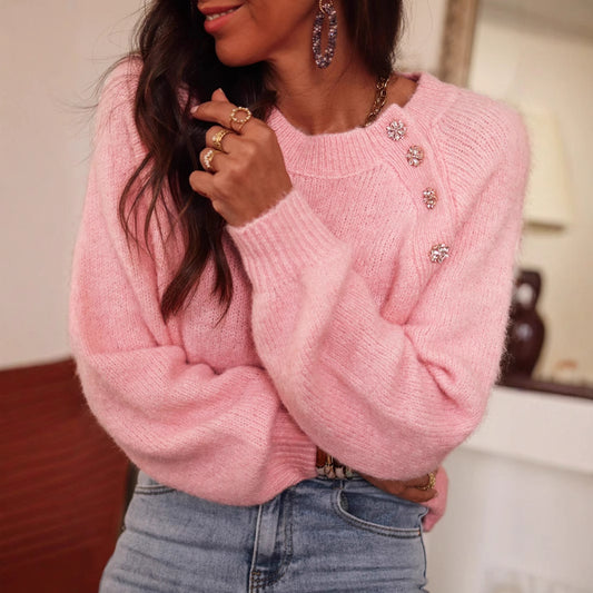 Autumn Winter Solid Color Raglan Sleeve Sweater Women Elegant round Neck Button Women Knitwear