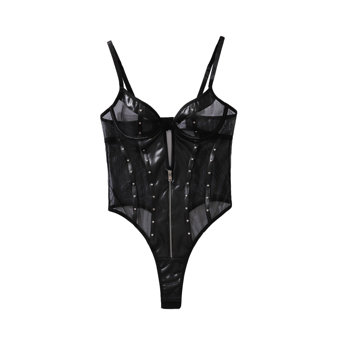 Sexy See through Mesh Patchwork Faux Leather Slim Fit Sexy Rivets Shaping Jumpsuit