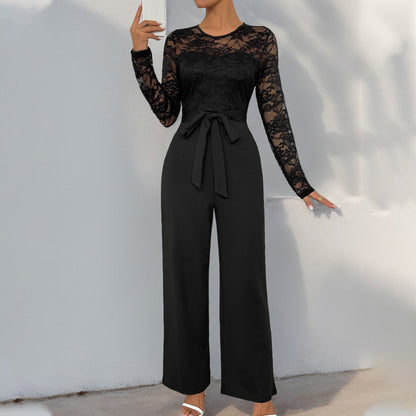 Autumn Jumpsuit Lace Stitching Zipper Lace Up Solid Color Jumpsuit - Wanita Store