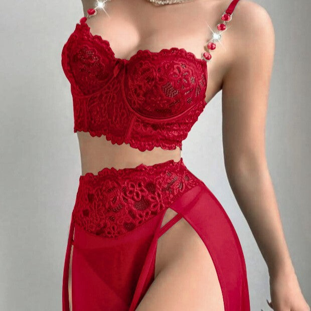 Sexy Lace Mesh See through Split Split Dress Sexy Lingerie Set